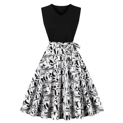 Sommer neues Retro V-Ausschnitt ärmelloses schwarzes Schriftzug Druck Pendelkleid