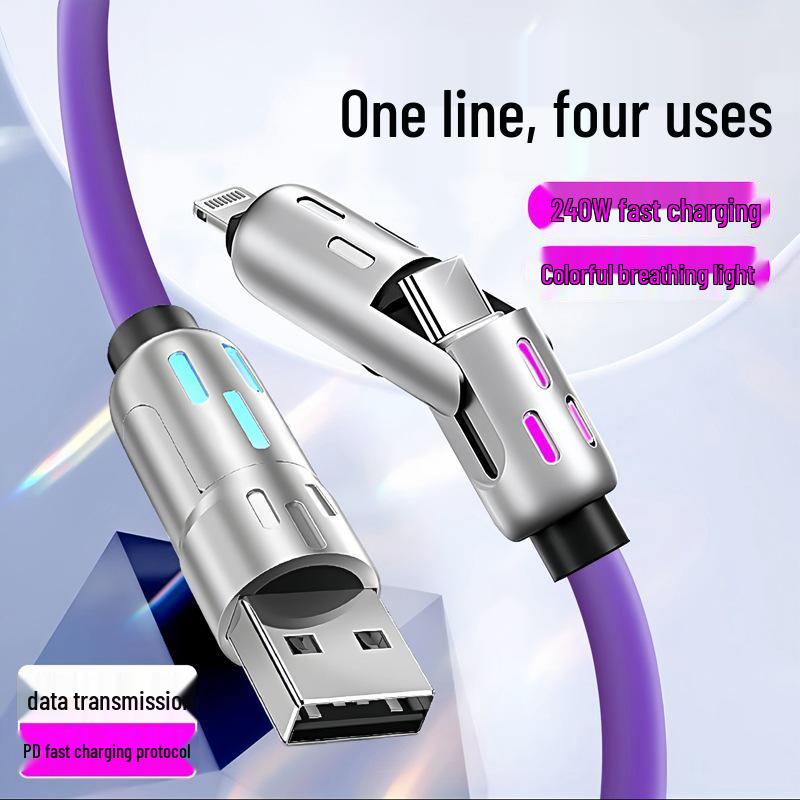 240W Multi-Color Breathing Light 4-in-1 Super Fast Charging Cable for Apple, Android, Type-C Devices