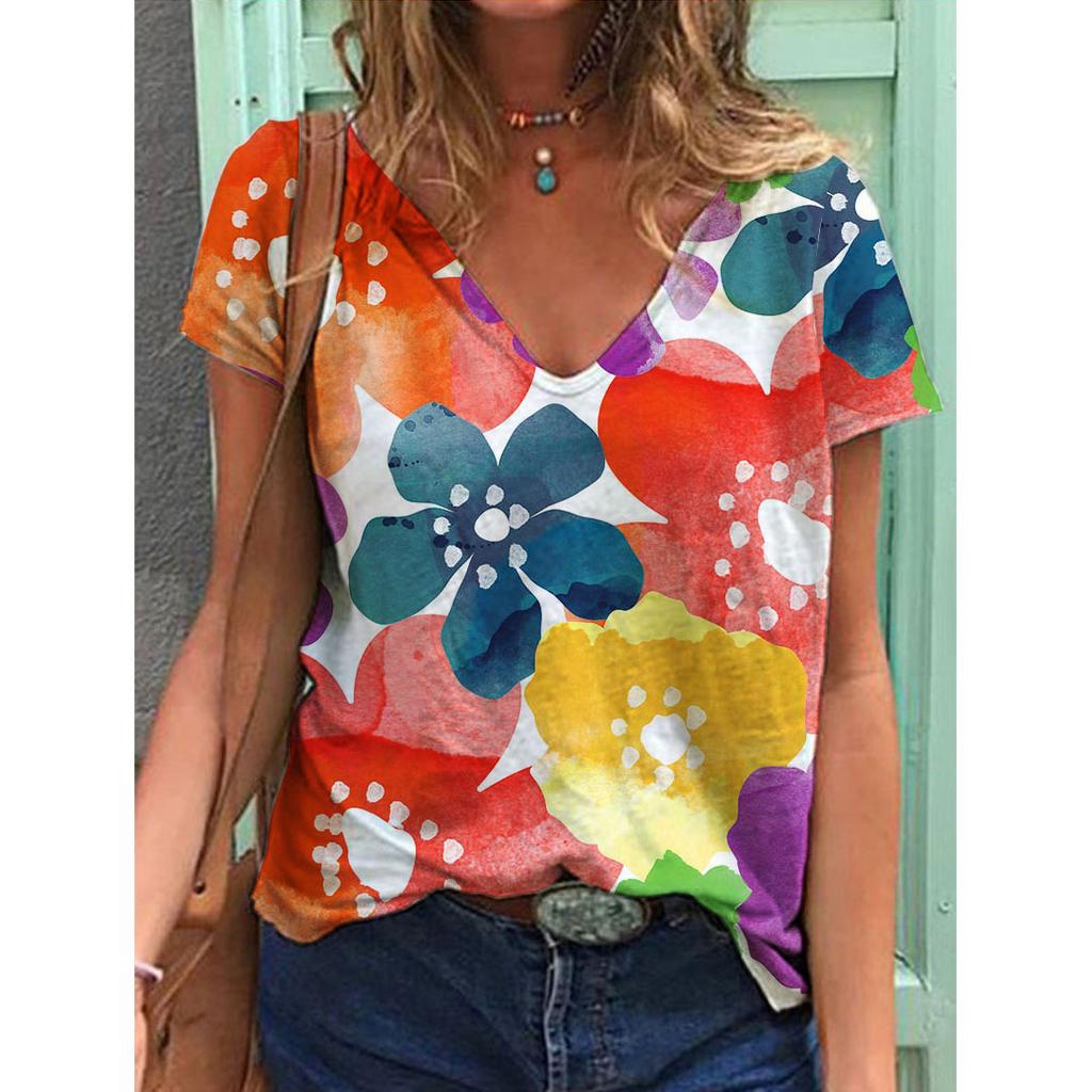 New 3D Printed Short Sleeved Women's Summer Casual Flower and Bird Print V-neck T-shirt