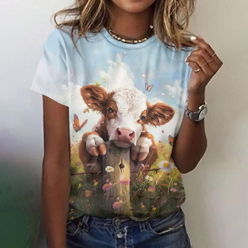 Vintage Cartoon Yak Print Tees Ladies Short Sleeve T Shirt 2025 Summer Casual Daily