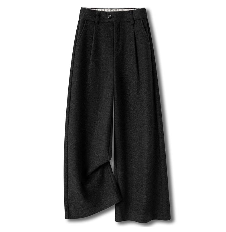 Women's 2024 Khaki High-Waisted Wool Wide-Leg Cropped Pants – Autumn/Winter Slimming Style