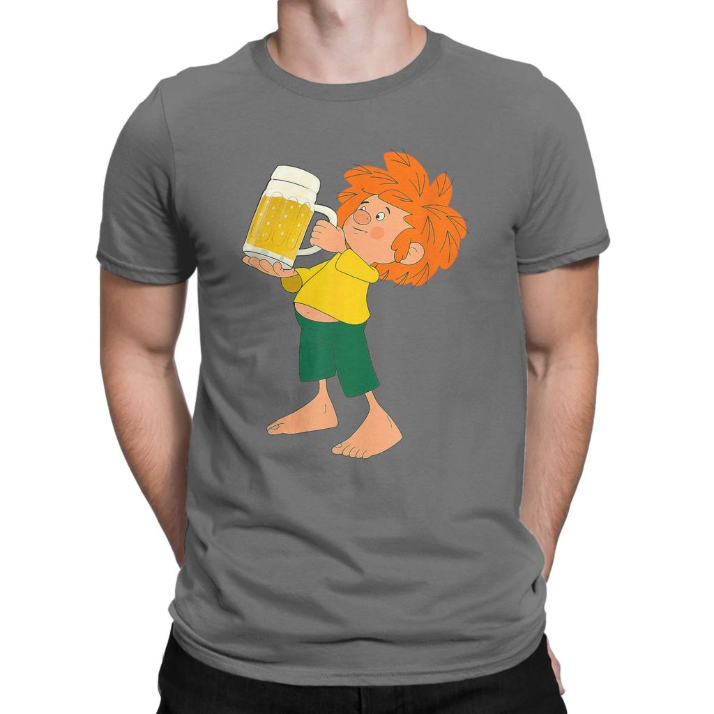 Men T-Shirt Pumuckl Drinks Beer Vintage Pure Cotton Tee Shirt Short Sleeve Anime Cartoon T Shirts Crew Neck Clothing Plus Size