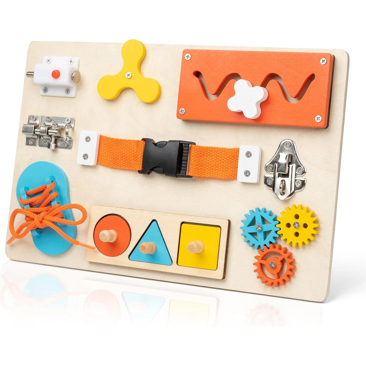 

Wooden Busy Board for Toddlers,Montessori 9 in1 Sensory Fine Motor Skills Activity Board, Intelligence Development Toys Gift