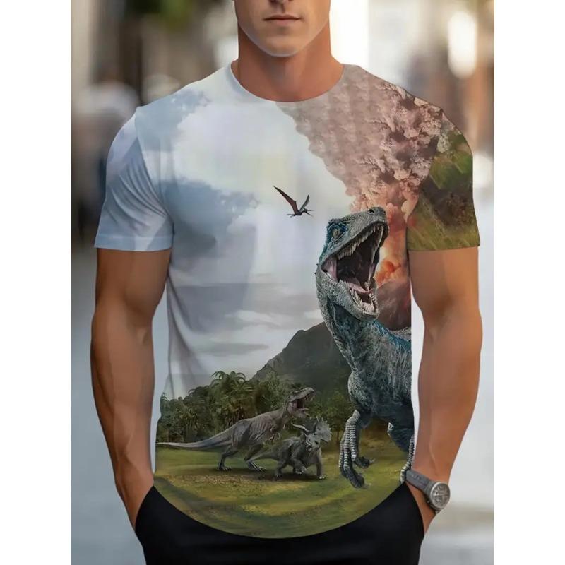 Men's 3D Dinosaur Printed T-shirt Casual Short Sleeved Round Neck Breathable Polyester Fabric Summer Style