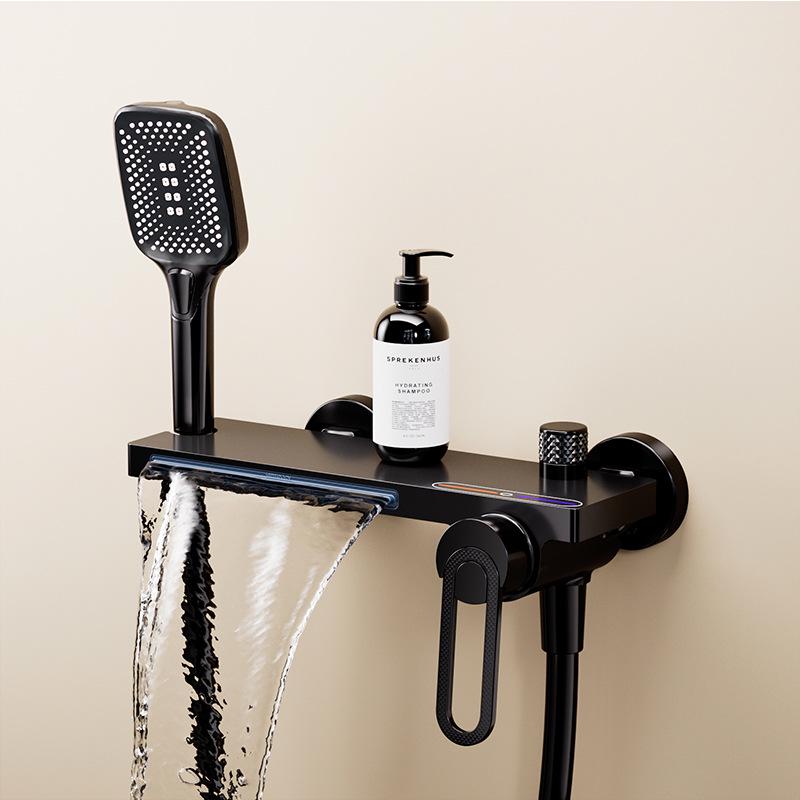 All-Copper Wall-Mounted Bathtub Faucet Set with Waterfall Style and Adjustable Temperature Shower Head