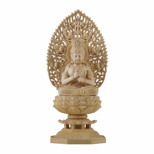 TheChanger Traditional Art Carving of Dainichi Nyorai, Shingon Buddhist Statue, Hinoki Wood Carving with Flying Celestial Being Halo and Octagonal Bas