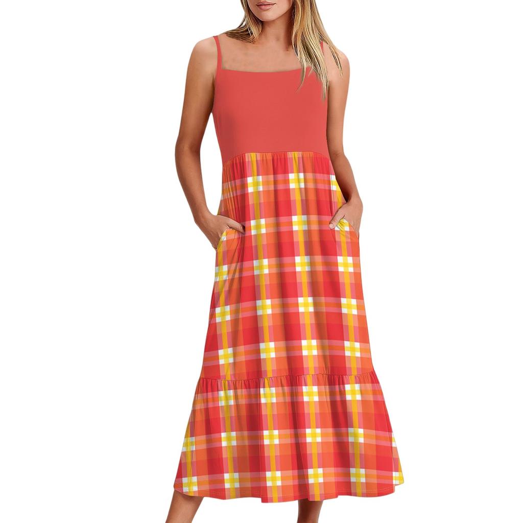 Women's Long Beach Casual Elegant Spaghetti Strap Maxi Dress Plaid Print Low-key Flowing Bohemian Dress