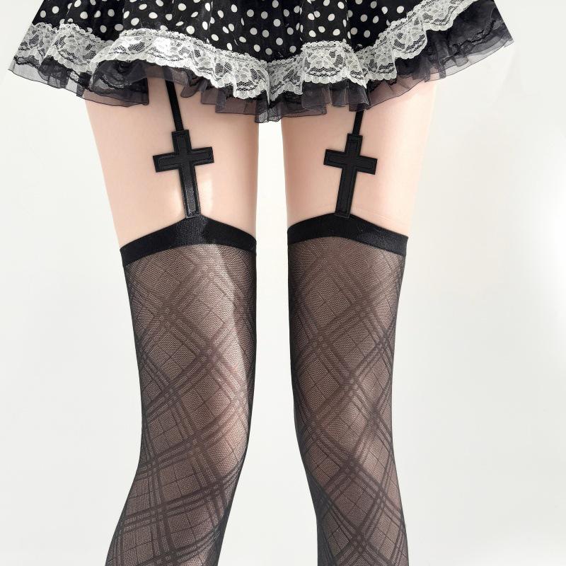 Japanese JK Style Diamond Pattern Black Over-the-Knee Silk Stockings for Women One Size чёрный