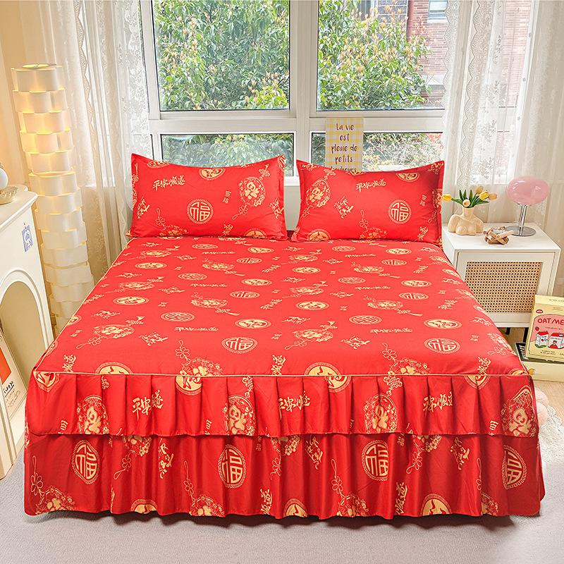 3pcs Modern Korean Floral Bed Skirt Set with Lotus Leaf Embellishments and Princess Floral Pattern, All-Season Brushed Light Beige-Friendly Bedding