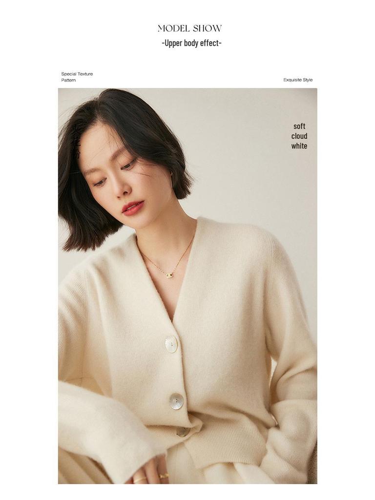 Women's V-Neck Cashmere Cardigan with Shell Buttons - Waist-Cinching, Long-Sleeve Knit Sweater