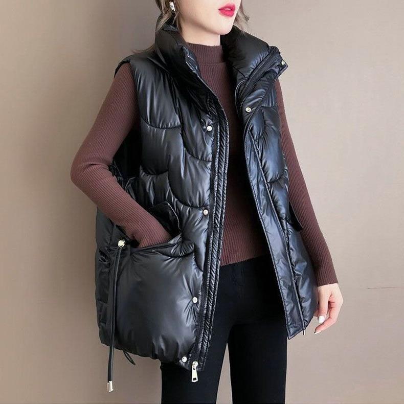 

Утолщенный пуховый хлопковый жилет Женская модная тенденция Жилет с зажимом в виде лошади Хлопковая куртка для защиты от холода L чёрный