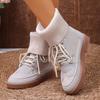 Lace-up Booties Soft Sole Round Toe Paneled Knit Non-Slip Wear-Resistant Block Heel Sock Boots