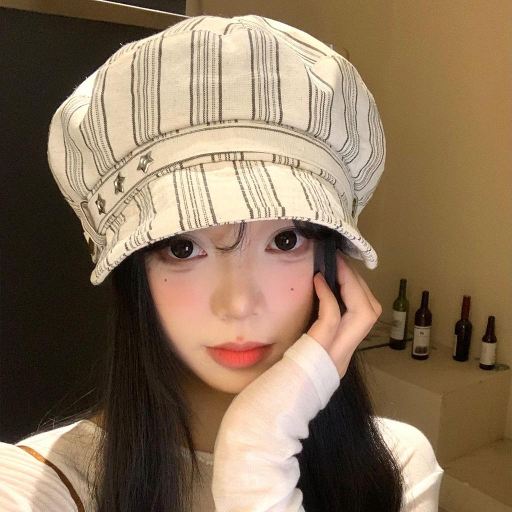 Japanese Striped Star Beret Female Spring And Autumn Korean Version Showing Face Small Versatile Octagonal Hat Fashion Newsboy Hat