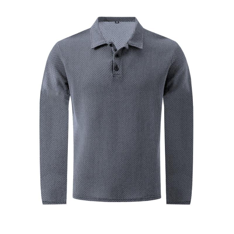 Men's Polo Shirts Fashion Solid Color Mens Long Sleeve Tops Button Mesh T-shirts Yahseng