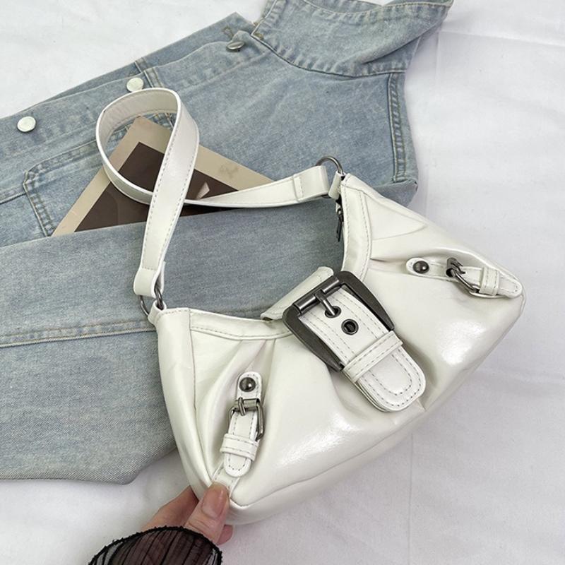 Y2K White Glossy Hobo Bag with Silver Buckle Details, Retro Ruched Design Edgy Chic Shoulder Purse for Trendy Everyday Outfits