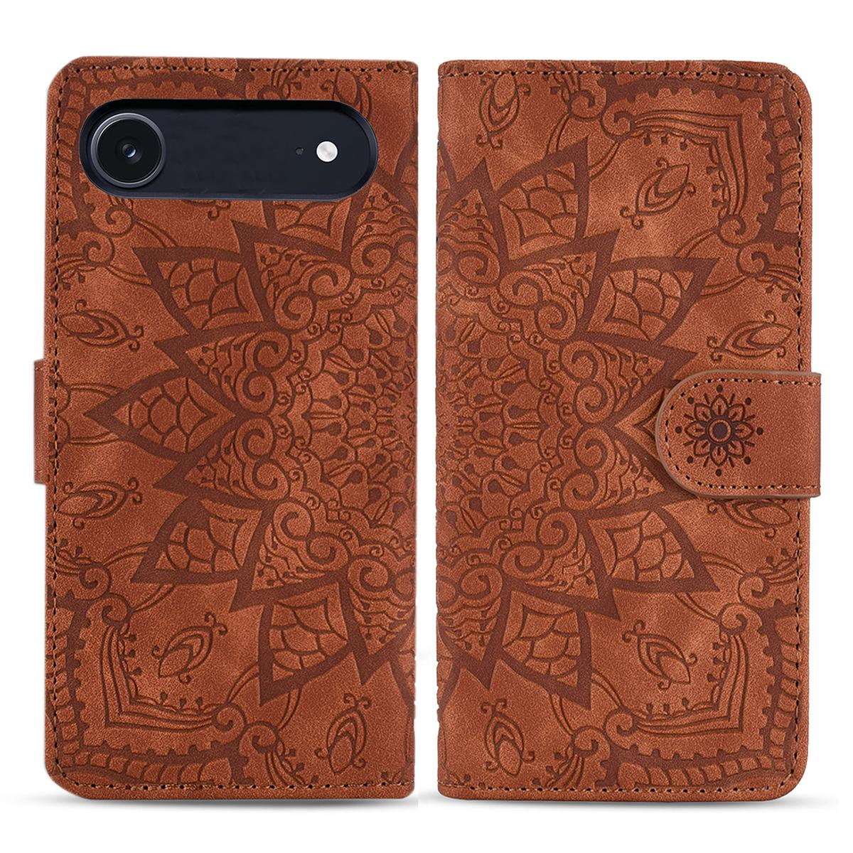 

Case For iPhone 17 Air Flower Imprinted PU Leather Wallet Flip Phone Cover with Wrist Strap Brown