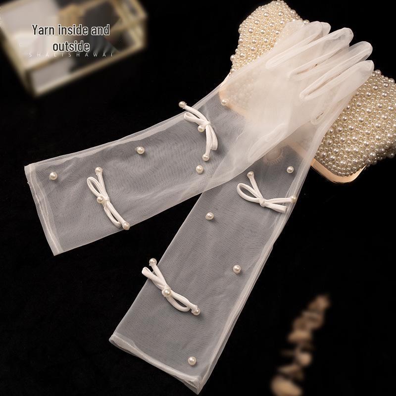 Pearl Bow Lace Wedding Gloves - Mid-Length, White Mesh, Photography Accessory