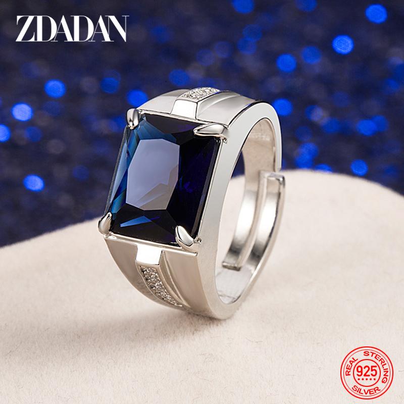 925 Sterling Silver Emerald Finger Rings for Men Women Fashion Wedding Jewelry resizable синий