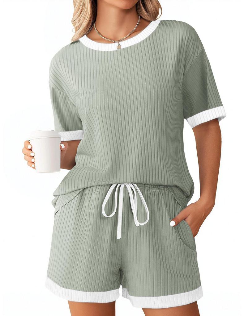 Women's Ribbed Short Sleeve Top and Shorts Set, Casual Loungewear with Contrast Trim, Multiple Color Options