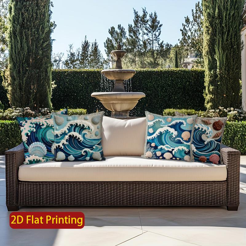 2D Ocean Waves & Seashells Decorative Pillow Covers Pattern Cushion Cover Suitable For Sofa Bedroom Car Pillow Cover