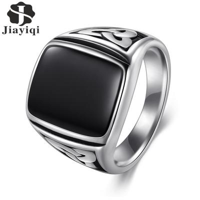 Punk Titanium Steel Ring Big Black Stone Square Ring Men Silver Color For Male Jewelry Vintage Wedding Party Gift