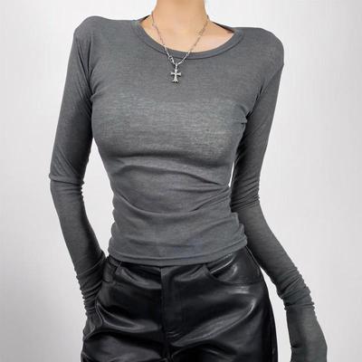 Damen Rundhals Figurbetontes Langarm Semi-Transparentes T-Shirt