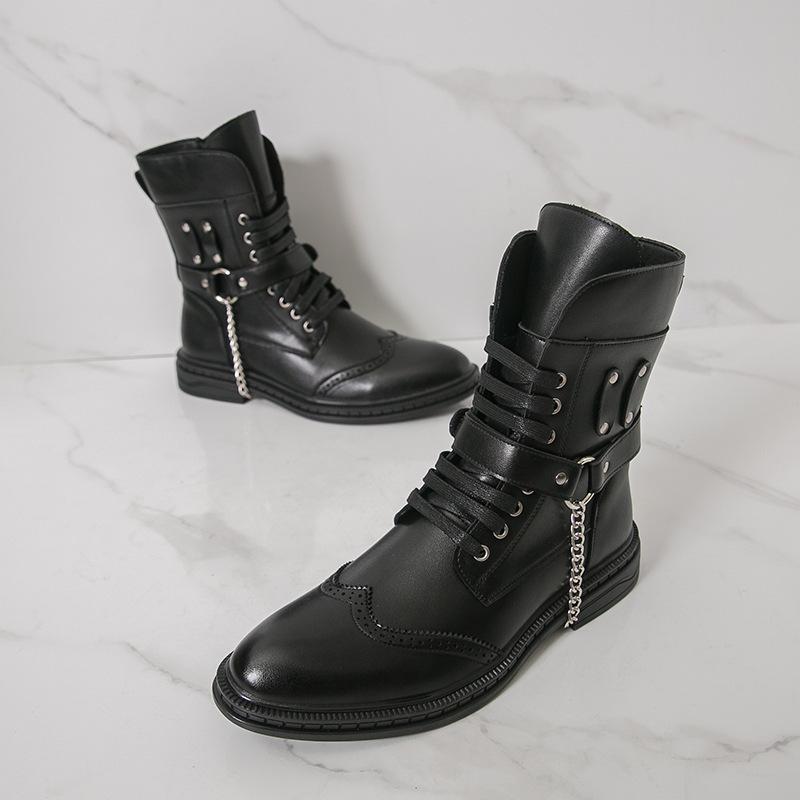Men's Punk Style Motorcycle Boots - Wear-Resistant Leather, Thick Mid-Calf, Plus Size, Autumn/Winter Martin Boots