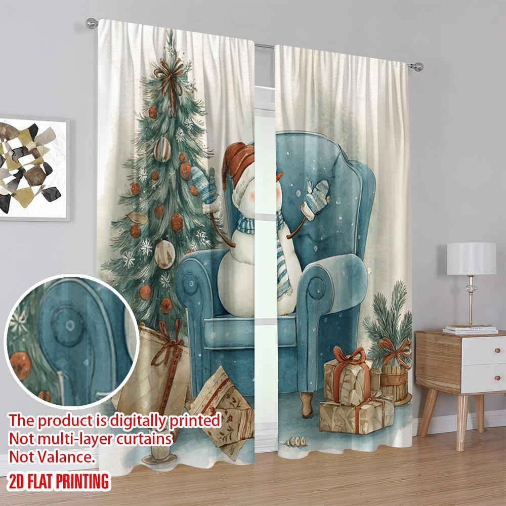 2pcs,2D Plane Printing Curtain Popular Snowman & Snowflake Polyester Woven (without Rod) Decorations Outdoor for Various Rooms,