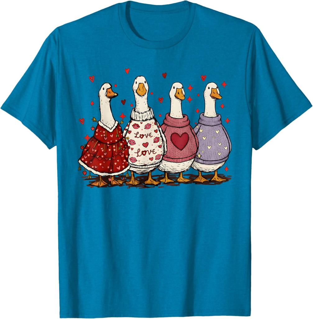 Cute Valentines Day Geese Ducks In Sweaters Graphic T-Shirt Casual Daily Wear
