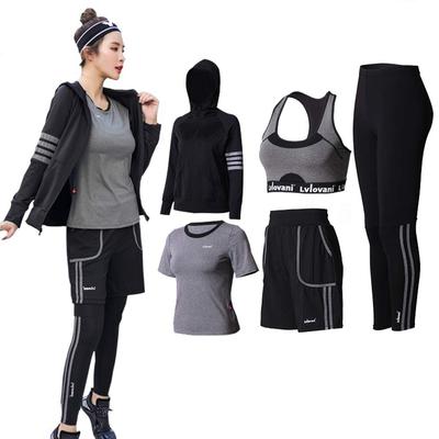 AILITI Odzież Sportowa Zestaw Damski 5-częściowy na Siłownię i do Sportu, Fitness, Trening, Bieganie, Joga, Koszulka, Top, Szorty, Legginsy, Odprowadzający Pot, Szybkoschnący