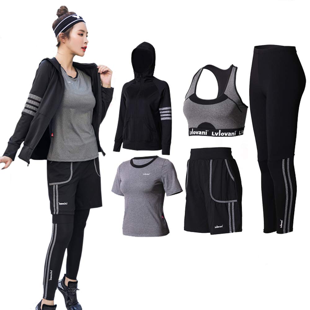 

Спортивная одежда AILITI Комплект из 5 предметов для женщин, фитнес, тренировки, бег, йога, джерси, топ, шорты, леггинсы, влагоотводящий, быстросохнущий серый