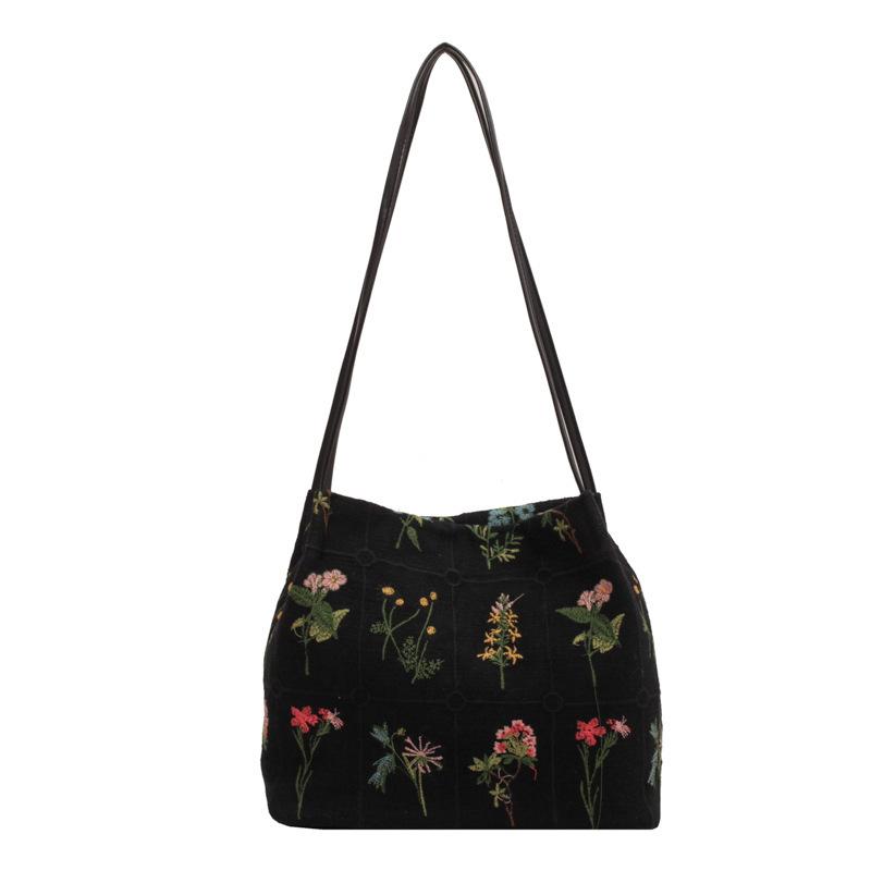 Floral Embroidery Shoulder Bag Vintage Daily Bucket Bag Fashion Handbags For Women