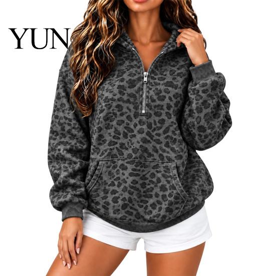 Comfortable Women Sweatshirt Leopard Print Hoodie, Oversized Half Zip Hooded with Hoodie Kangaroo Pocket, Fall Long Sleeve Casual Pullover Top
