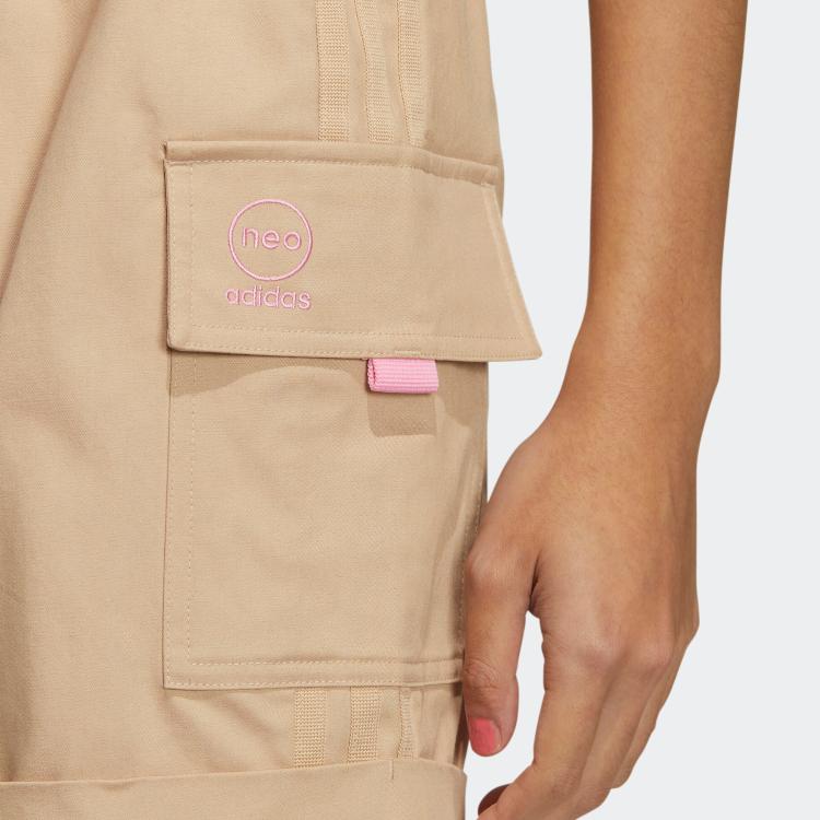 Adidas Embroidered Logo Print Large Pocket Buckle Belt Straight Shorts Women Bottoms Khaki HN2343