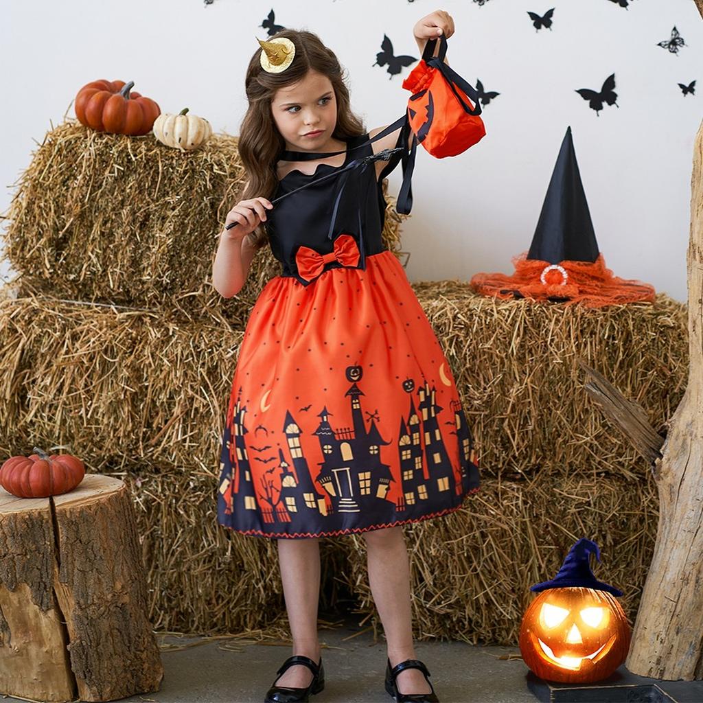 Halloween Witch Cosplay Dress For Girls With Bag, Cartoon Print