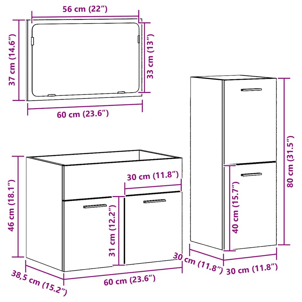 Bathroom Furniture Set 3 pcs Reclaimed Wood 60 x 38.5 x 46 cm