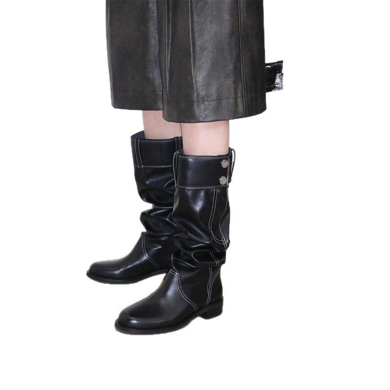 Cowhide version niche trousers fashion boots genuine leather stacking boots women's retro pleated boots round head but knee knight boots