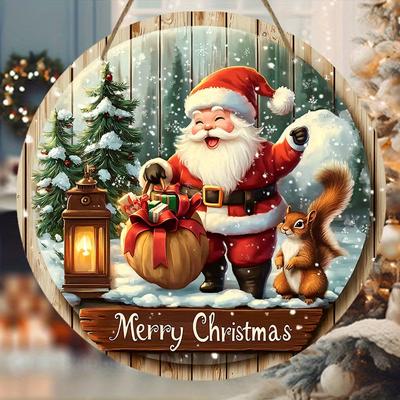 20cm Vánoční Santa Claus Veverka Sněhová vločka Zasněžená Cesmína Teplá Zima Vánoční Dřevěná Veranda Věnec Plochý Závěsný Tisk Značka Malba