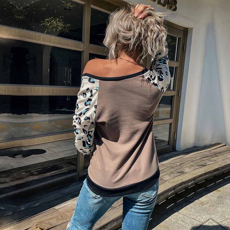 Winter Fall Women Fashion Leopard Print Patchwork T-shirt Loose Knitted Top