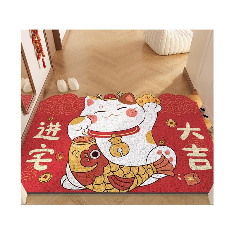 Cartoon Lucky Cat Entry Door Floor Mat, Porch Dirt-Resistant Wear-Resistant Silk Ring Floor Mat, Household Door Anti-Skid Dust Removal Foot Pad
