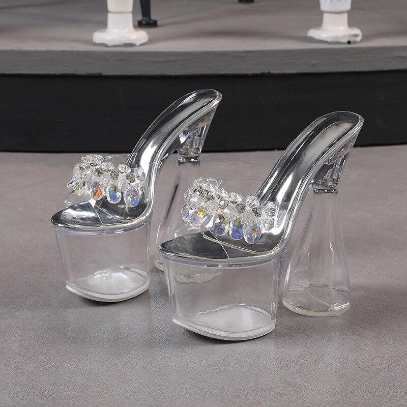 Women's Ultra-high Heels Flower Thick Heels Transparent Thick Soled Crystal Heel Sandals 17.5 Heels