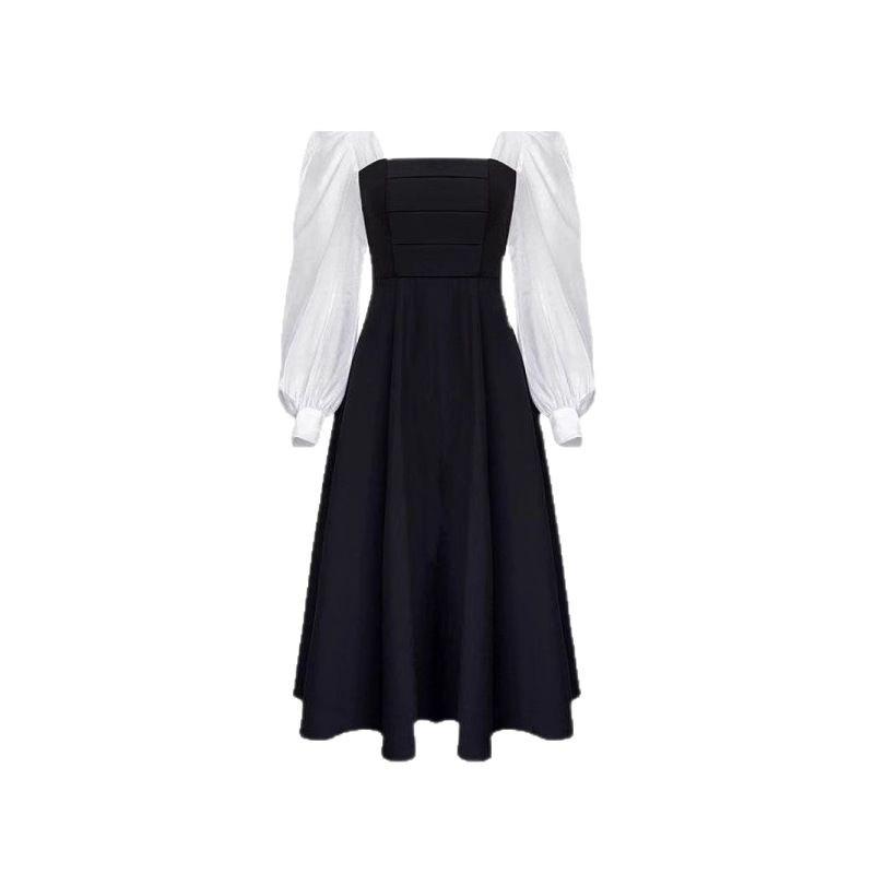 New Season Retro Spliced Square Neck Black Mesh Long Sleeve Dress