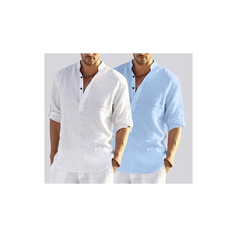 Bellstone Men' Cotton Blend Solid Regular Dress Shirt (Kurta800Combo_White_Skyblue_L