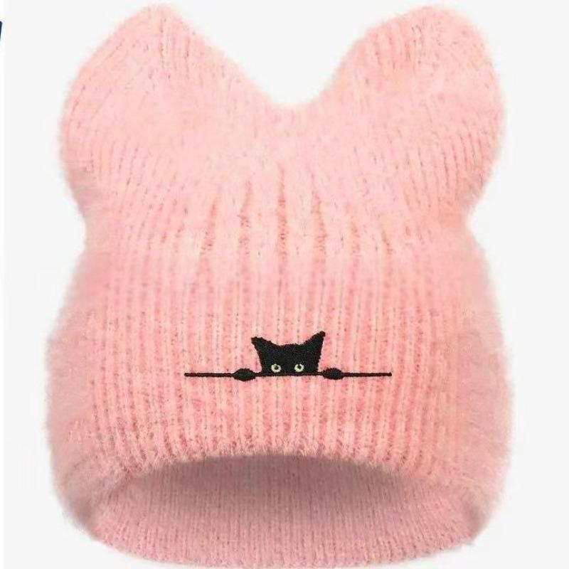 Soft Knitted Cat Ear Embroidered Hat Women Winter Warm Cartoon Hat Outdoor Snow Pullover Hats