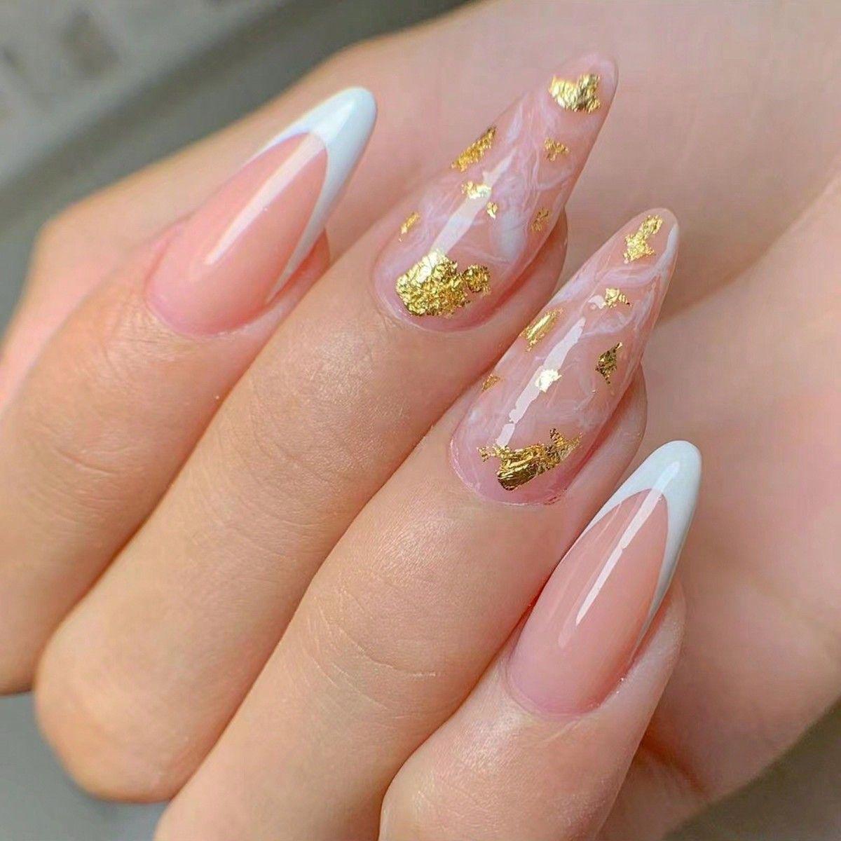 

French White Edge Gold Speckle Nail Stickers - Simple and Wearable Manicure Tips