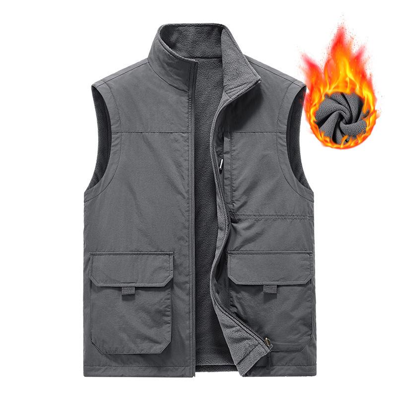 Autumn and Winter Men's Middle-aged Velvet Thickened Vest with A Base To Keep Warm and Casual Vest, Wearing A Multi-pocket Vest On Both Sides