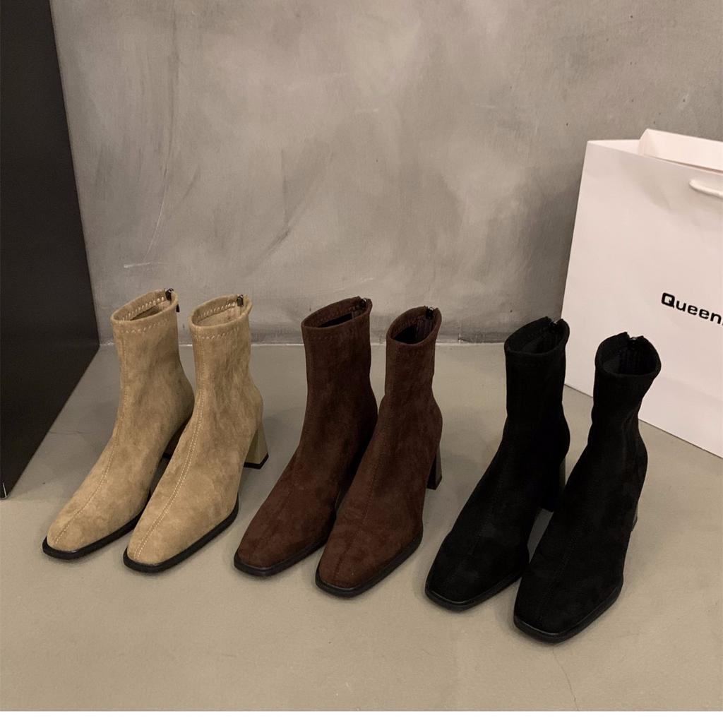 Retro suede short boots women's 2025 new autumn and winter foreign versatile and thin rear zipper square head thick heel Martin boots
