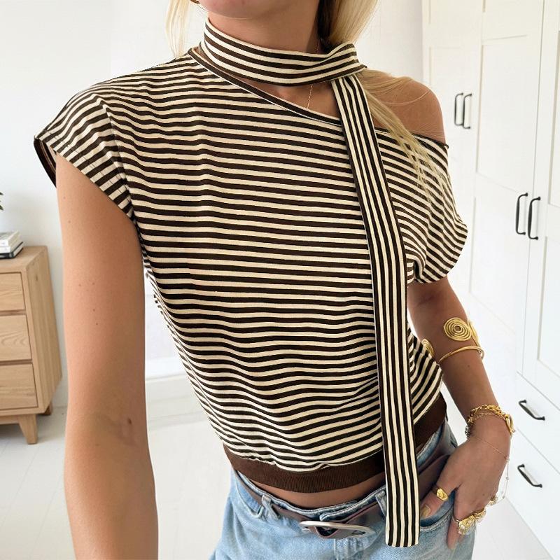 Women S Striped Off Shoulder Top Asymmetric Neck Tie Lantern Sleeve Casual Knit Blouse Summer Streetwear T Shirt S коричневый