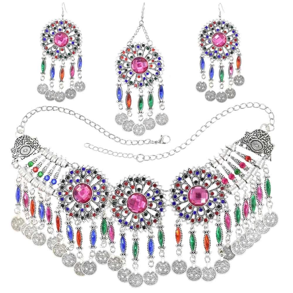 3pcs Indian Afghan Zircon Sets Necklace Earrings Hairbands for Women Boho Ethnic Coins Tassels Colorful Crystal Drop Accessory