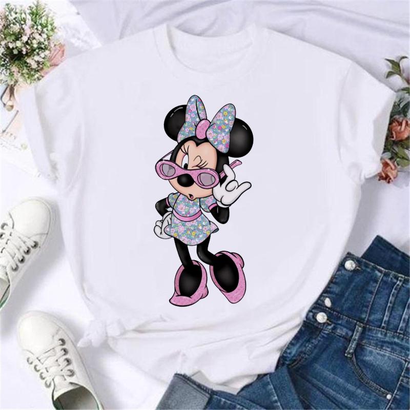 Kawaii Disney Cartoon Minnie Printed T Shirt Women Fashion Mickey Mouse White Oversized T Shirt Female Clothes Ladies T-shirts